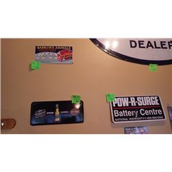 Barnum's Animals Natural biscuit Co and Genuine Classics and Pow-R-Surge Battery Centre metal signs