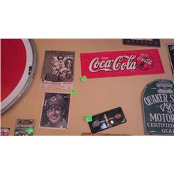 Classic Motley Crue poster, We Sell Texaco metal sign, Genuine Classics metal sign and Enjoy Coca Co