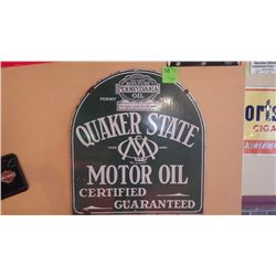 Quaker State Oil metal sign, 87-ZZ Top poster and Big Rock brewery plaque