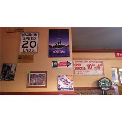 Huck Finn movie poster, Coca Cola sold here metal sign and Labatt Lite metal sign