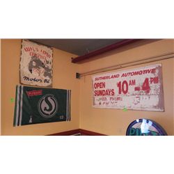 Antique William Penn Motor Oil metal sign, Pilsner Saskatchewan Rider flag and Antique Sutherland Au