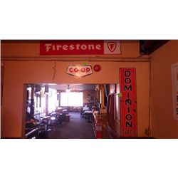 Firestone metal sign, Co-op metal sign and Dominion Tires metal sign