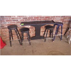 Wall table with cue holder and 4 wood stools