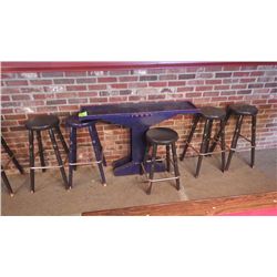 Wall table with cue holder and 5 wood stools