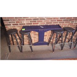 Wall table with cue holder and 4 wood stools