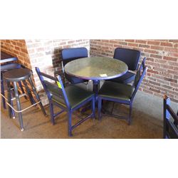 two wooden padded chairs and two metal padded chairs