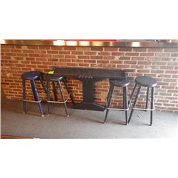 wall table with cue holder and 4 wood stools