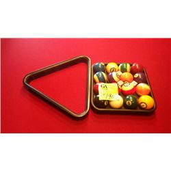 Set of pool balls, tray,  and rack