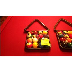 Set of pool balls, tray,  and rack