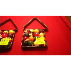 Set of pool balls, tray,  and rack