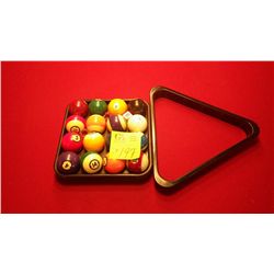 Set of pool balls, tray,  and rack