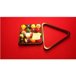 Set of pool balls, tray,  and rack