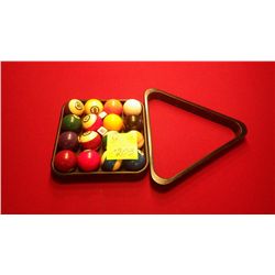 Set of pool balls, tray,  and rack