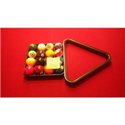 Set of pool balls, tray,  and rack