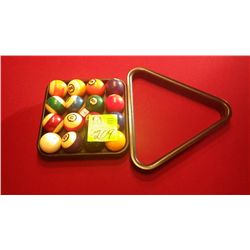 Set of pool balls, tray,  and rack