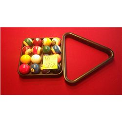 Set of pool balls, tray,  and rack
