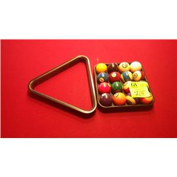 Set of pool balls, tray,  and rack