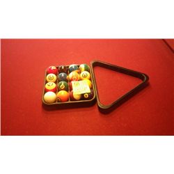 Set of pool balls, tray,  and rack