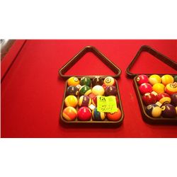 Set of pool balls, tray,  and rack