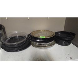 Roasters and pans with small black board, and misc. trays