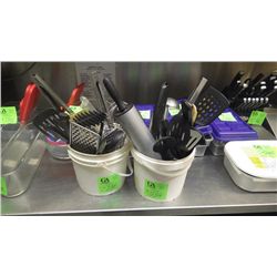Misc kitchen utensils in two small pails