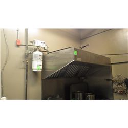 Approx 7ft stainless steel fire suppression unit with hood, fan, side and rear stainless steel walls