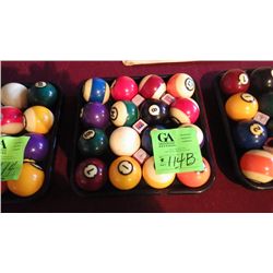 Set of 16 eight ball pool balls in tray