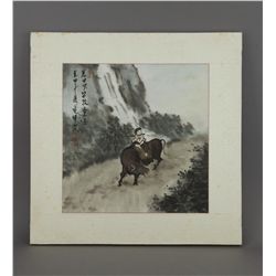 Korean Child on Cow Framed Painting Signed
