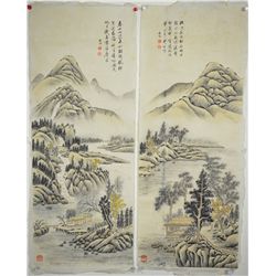 Two Chinese Landscape WC on Paper Qigong 1912-2005