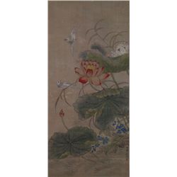 Chinese Bird and Lotus Watercolour Painting