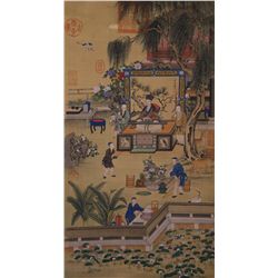 Chinese Watercolour Figures Scroll Qianlong Court