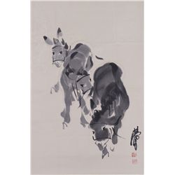 Chinese WC Donkey Scroll Huang Zhou 1925-1997