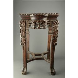 Chinese Rosewood Carved End Table w Marble Inset