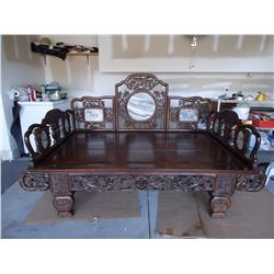 Chinese Rosewood Carved Opium Bed Inset Marble