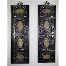 2 Pieces of Chinese Wood Screen w/ Jade Insets