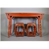 Image 1 : Chinese Republic Red Lacquer Table w/ 2 Stools