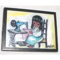 DEGRAZIA MAGNET SIGNED "DEGRAZIA" *INDIAN GIRL W/ SEWING MACHINE*!! MAGNET CAME OUT OF SAFE!!