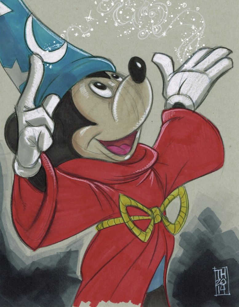 Tom Hodges Signed Sorcerer Mickey Walt Disney Original 9x12 Color Drawing On Paper 1 1