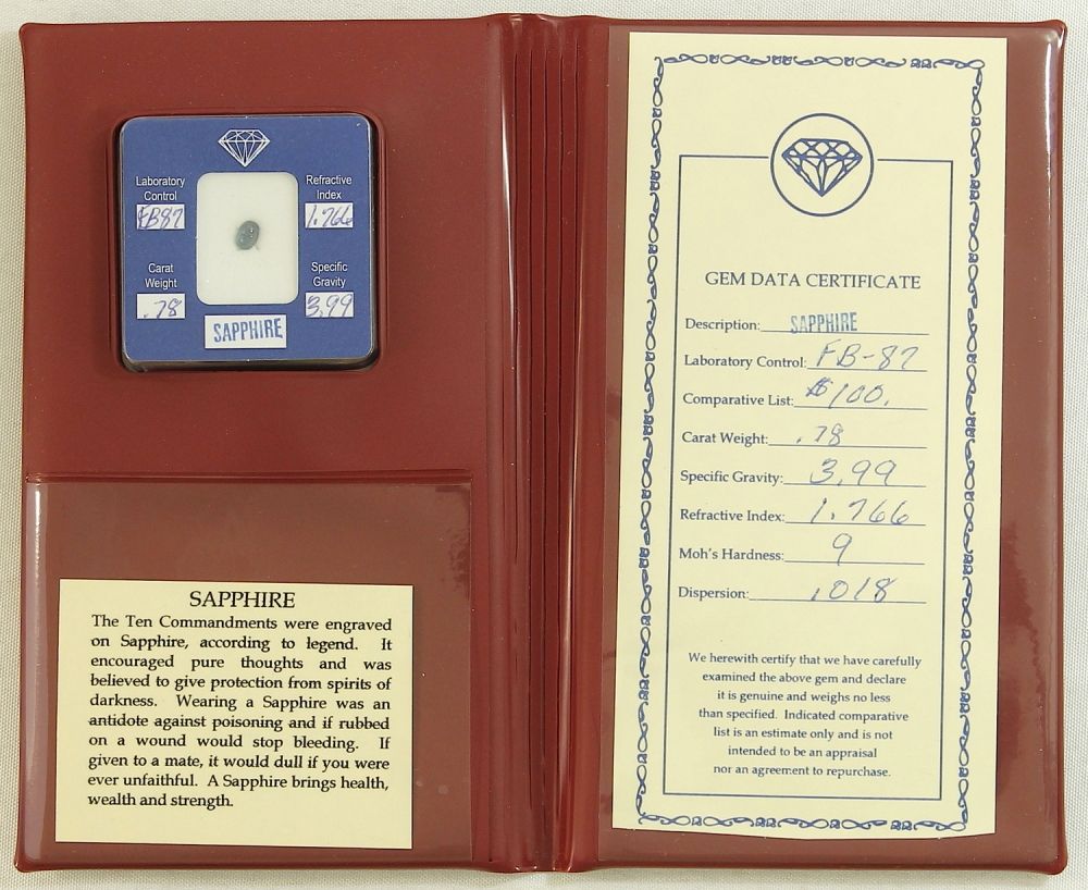 78 Carat Authentic Sapphire Gem Data Certificate