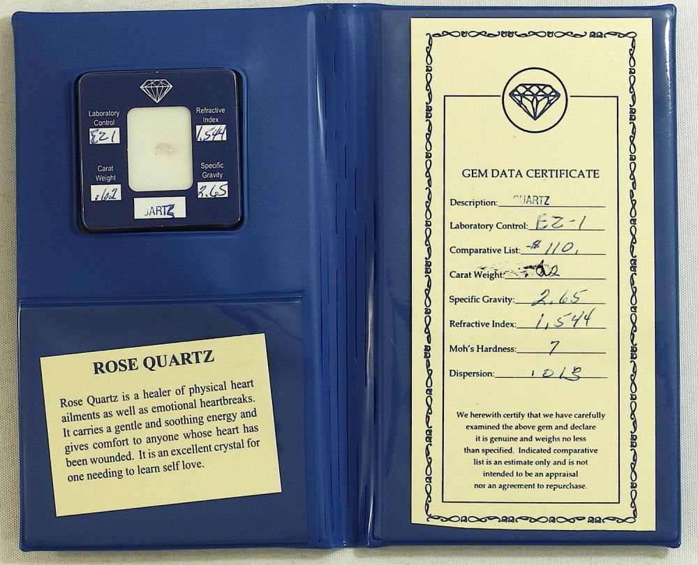 62 Carat Authentic Rose Quartz Gem Data Certificate