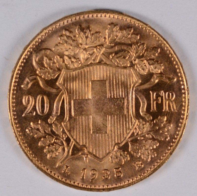 1935-B SWISS 20 FRANCS GOLD COIN, BU .1867 AGW