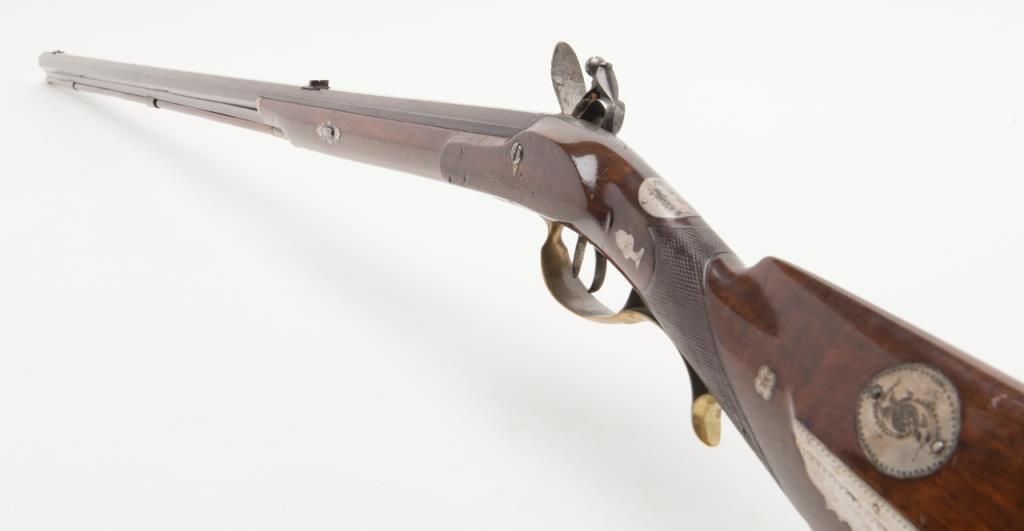Flintlock half stock rifle, .36 cal., 43” browned octagon barrel with ...