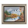 Image 1 : Framed oil on canvas of a snow-capped mountain  reflected in a river with trees along its banks,  si