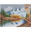 Image 2 : Framed oil on canvas of a snow-capped mountain  reflected in a river with trees along its banks,  si