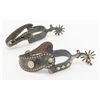 Image 1 : Mexican style pair of spurs, unmarked with  engraved silver panels including the four card  suits, j