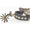 Image 3 : Mexican style pair of spurs, unmarked with  engraved silver panels including the four card  suits, j