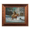 Image 1 : Framed oil on canvas by Ellen Crandal of Indian on  horseback in snow, approx. 22-1/2” x 27”.     Es