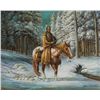 Image 2 : Framed oil on canvas by Ellen Crandal of Indian on  horseback in snow, approx. 22-1/2” x 27”.     Es