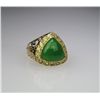Image 2 : Amazing Apple Green Jade Ring with approx. 6.00  carat triangular shaped cabochon Jade surrounded  b