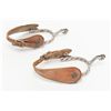 Image 1 : Unmarked pair of twisted iron spurs with small  rowels, leather straps in overall good condition.
